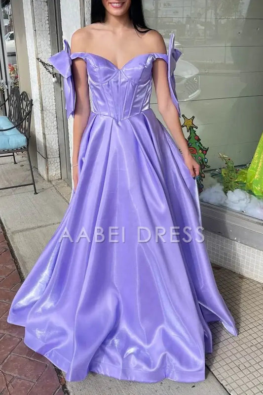 AABEI DRESS Prom Dress Elegant A Line Sweetheart Off the Shoulder Satin with Cute Bow Formal Dress