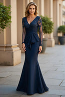 Wedding Guest Dress Navy Charming Mermaid V-Neck Long Sleeves Lace Applique Ruched V Back Elegant Hot Sale Long Mother of the Bride Dress