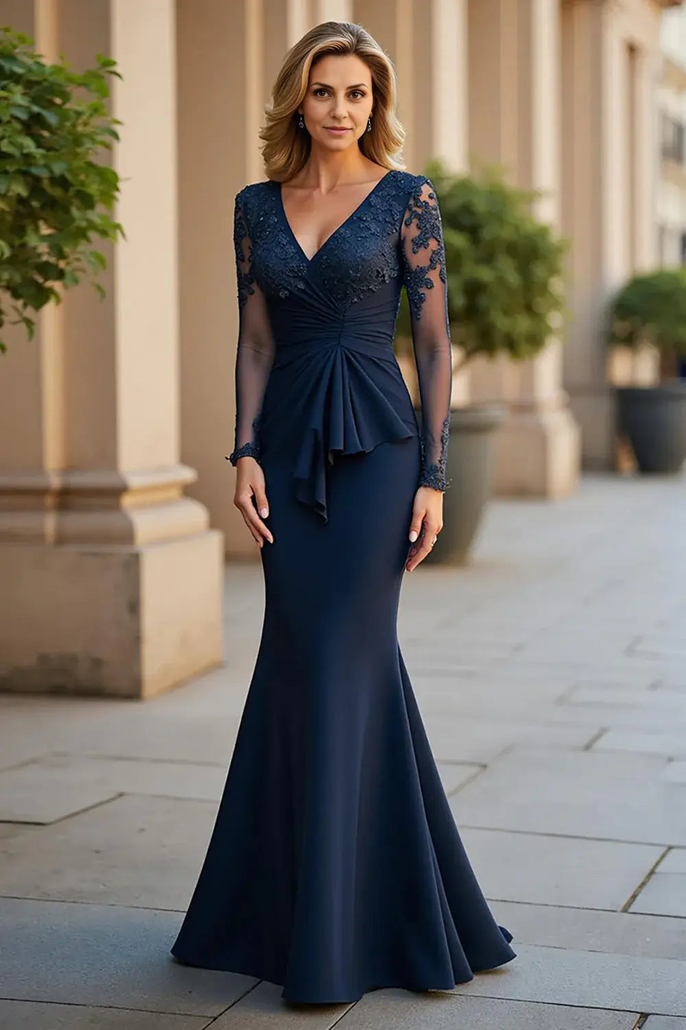 Wedding Guest Dress Navy Charming Mermaid V-Neck Long Sleeves Lace Applique Ruched V Back Elegant Hot Sale Long Mother of the Bride Dress