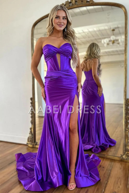 AABEI DRESS Prom Dress Elegant Satin Mermaid Strapless Long With Split Sweep Train Fashion Formal Dress