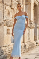 Light Blue Off Shoulder Midi Gown Twisted Front Ruched Mesh Lace Up Back Formal Dress