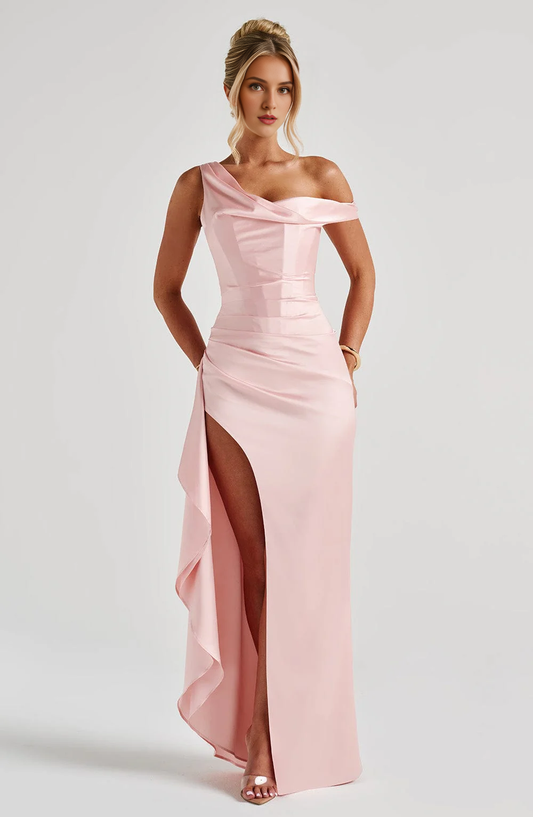 Formal Wear Dresses Prom Dresses Asymmetric straps Ruched Thigh High Slit Charming Dresses Wedding Guests Dresses