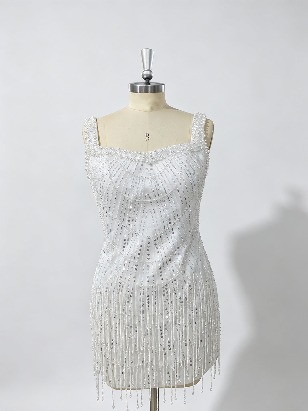 White Sequin Mesh with Beaded Fringe Bodycon Square Neck Above Knee Dress