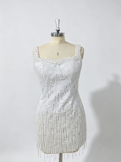 White Sequin Mesh with Beaded Fringe Bodycon Square Neck Above Knee Dress