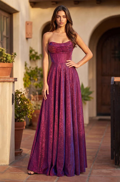 Magenta A Line Strapless Corset Lace Up Floor Prom Gown
