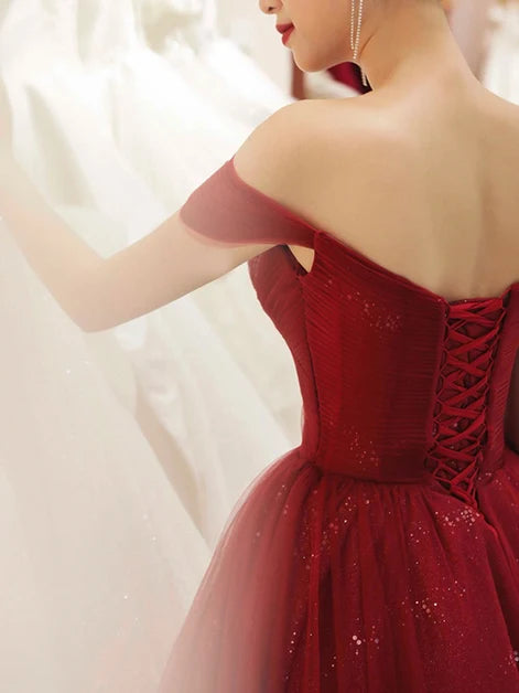 Burgundy Off The Shoulder Sparkly Tulle Prom Dress Pleated Sweetheart Gown