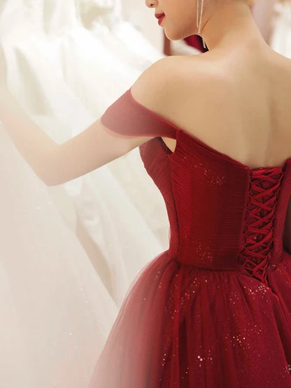Burgundy Off The Shoulder Sparkly Tulle Prom Dress Pleated Sweetheart Gown