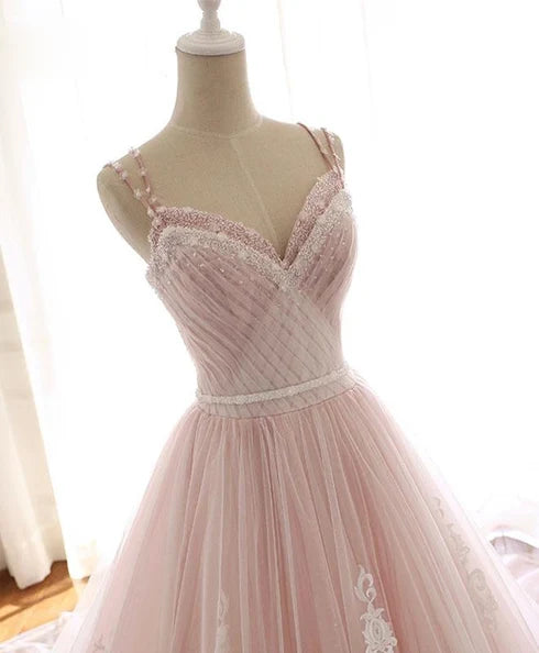 Blush Pink Spaghetti Straps Lace A Line Wedding Dress With Long Train