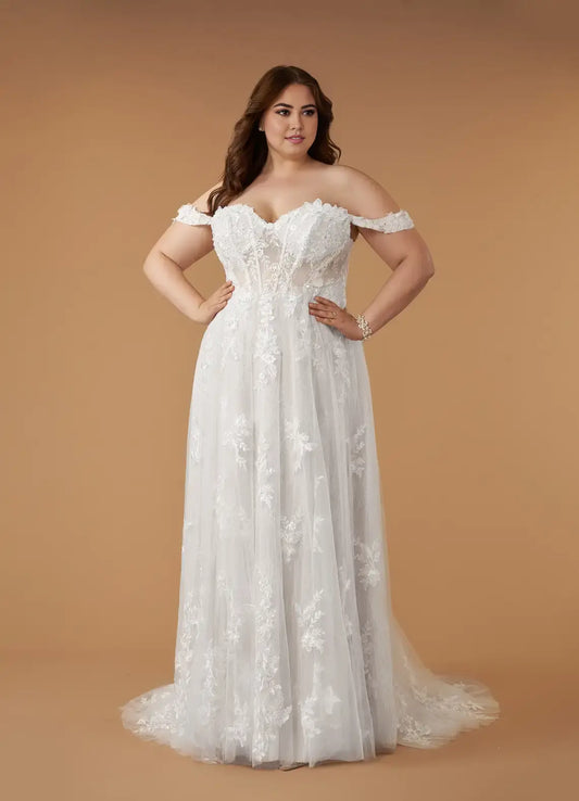 White A-Line Off Shoulder Sweetheart Neckline Sleeveless Sequins Lace Applique Backless Plus Size Exquisite Wedding Dress