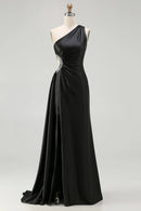 Exquisite Prom Dress Black A Line One Shoulder Cut Out with Rhinestones Pleated High Slit Bargain Long Wedding Guest Dress
