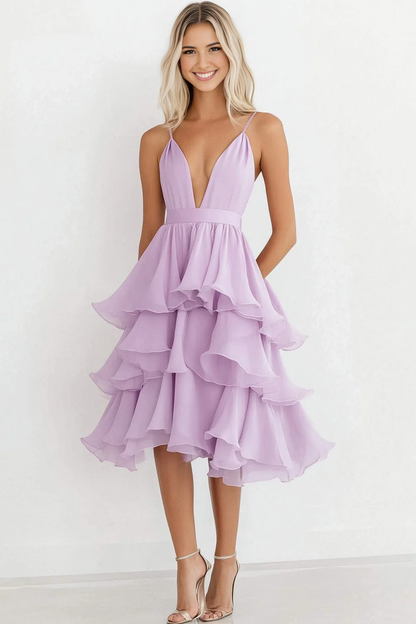 AABEI DRESS Hot Sale Prom Dress Deep V-Neck Chiffon Tiers Knee-Length Fashion With Ruffles Formal Dress