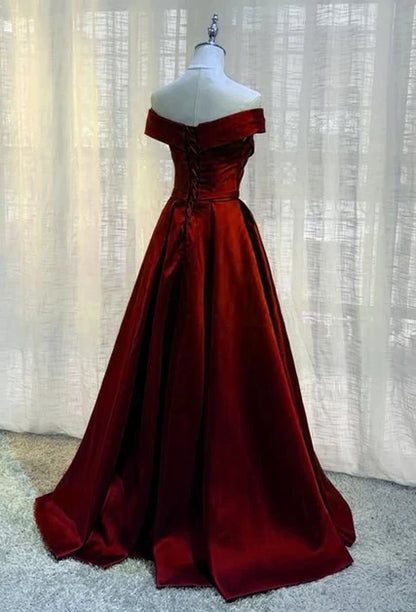 Burgundy Off The Shoulder Satin Prom Dress Ruched Bodice A Line Skirt