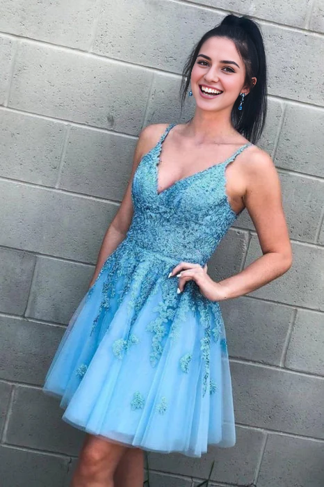 AABEI DRESS New Homecoming Dress A Line V Neck Spaghetti Strap Backless Lace Appliques Tulle Cute Short Prom Dress