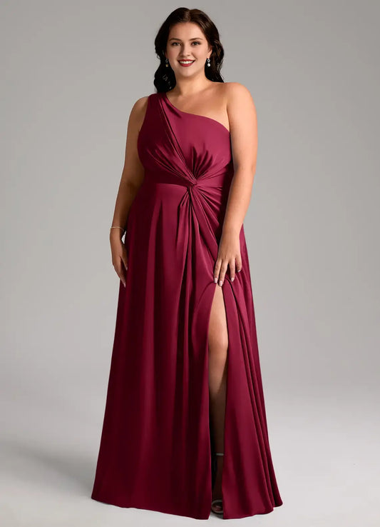 Elegant Burgundy A-Line One Shoulder Sleeveless Knot Pleated Side Fork Simple Plus Size Formal Dress Hot Sale Prom Dress