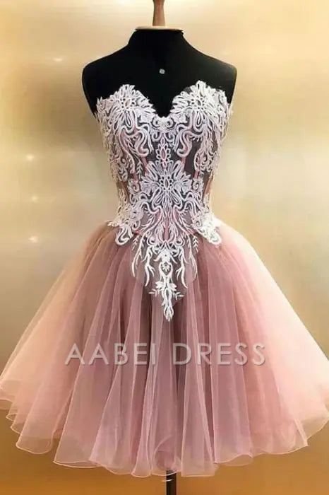 AABEI DRESS New Homecoming Dress A Line Sweetheart Strapless Tulle Lace Appliques Cute Short Prom Dress