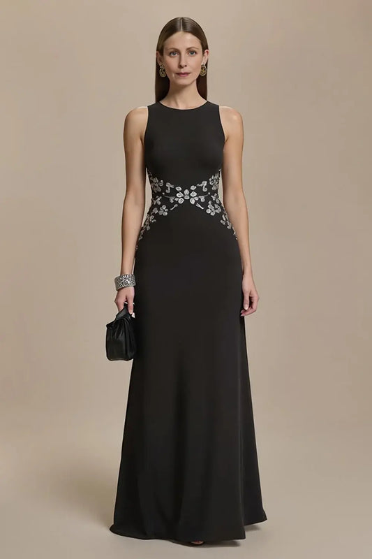 Wedding Guest Dress Black Sheath Round Neck Sleeveless with Appliques Elegant Long Mother of the Bride Dress