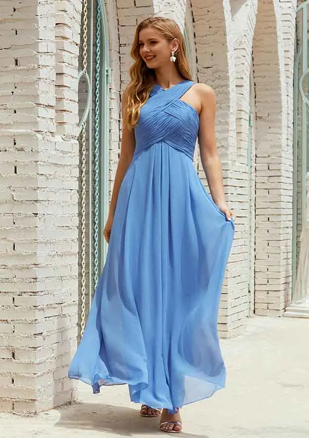 Elegant Blue Chiffon A-line Halter Sleeveless With Pleated Backless Affordable Long Bridesmaid Dress