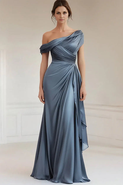 Grey Blue Elegant Mermaid Pleated One Shoulder Long Wedding Guest Dress For Women New Style Mother of the Bride Dress