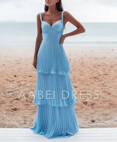 AABEI DRESS Prom Dress A Line Chiffon Sleeveless Mid Waist Pleated Layering Fashion Dress