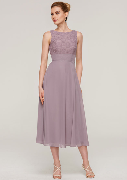 Retro Elegant Wedding Guest Dresses Chiffon A-line Scoop Neck With 1/2 Sleeve Lace Jacket Ruched Tea-Length Bargain Mother of the Bride Dress