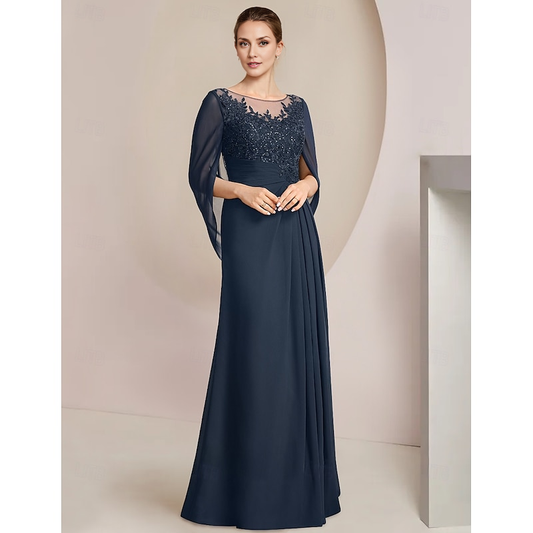 AABEI DRESS Wedding Guest Dress Elegant Sheath Jewel Neck Floor Length Chiffon Half Sleeve with Lace Side-Draped Mother of the Bride Dress