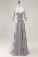 Wedding Guest Dress Silver A Line V-Neck 3/4 Long Sleeve with Lace Backless Elegant Long Mother of the Bride Dress