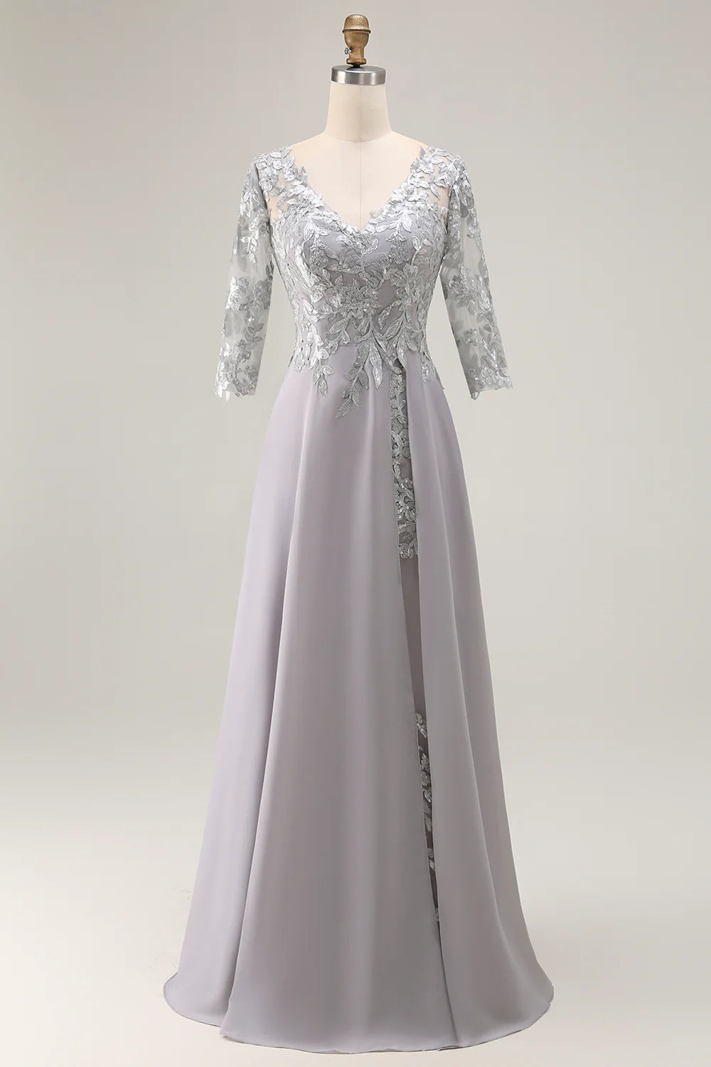 Wedding Guest Dress Silver A Line V-Neck 3/4 Long Sleeve with Lace Backless Elegant Long Mother of the Bride Dress