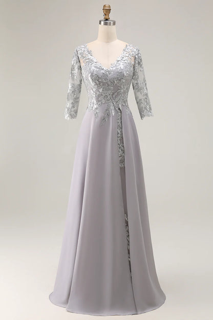 Wedding Guest Dress Silver A Line V-Neck 3/4 Long Sleeve with Lace Backless Elegant Long Mother of the Bride Dress