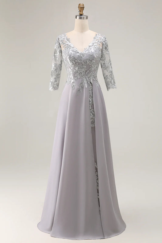 Wedding Guest Dress Silver A Line V-Neck 3/4 Long Sleeve with Lace Backless Elegant Long Mother of the Bride Dress