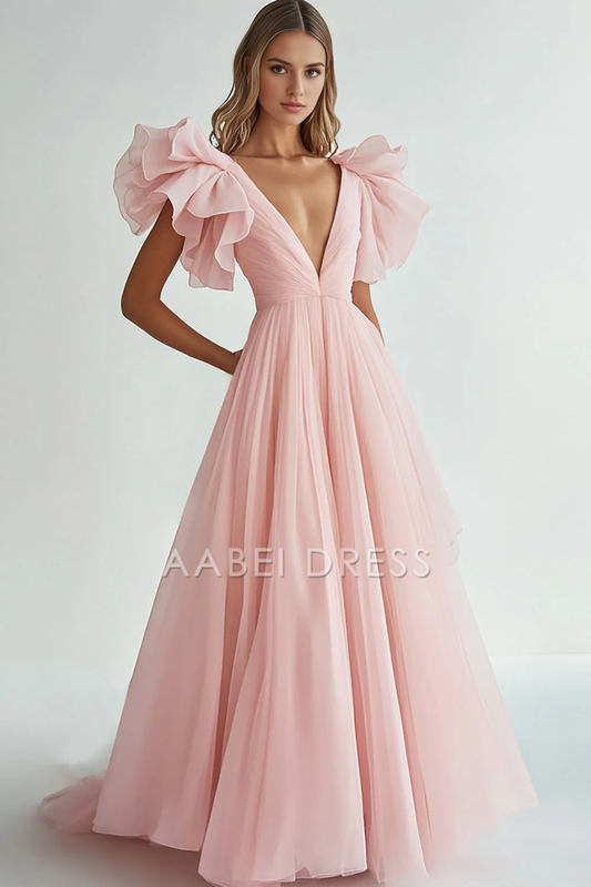 AABEI DRESS Hot Sale Prom Dress A Line Deep V Neck Romantic Chiffon Ruffles Long Fantastic Formal Dress