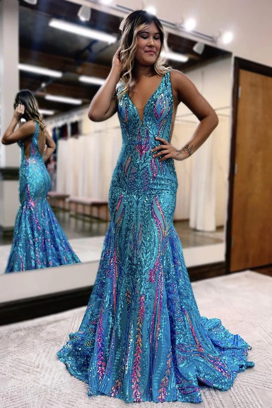 AABEI DRESS Prom Dress Charming Mermaid V Neck Backless Sequin Lace Long Sweep Formal Dress