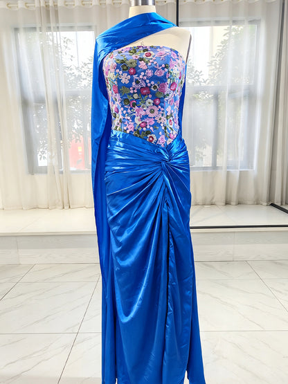 Royal Blue Satin Mermaid Straight Across Lace-Up Back Floor Length Dress