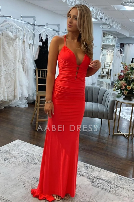 AABEI DRESS Hot Sale Prom Dress Satin Mermaid Spaghetti Straps Backless Lace Up Long Elegant Formal Dress