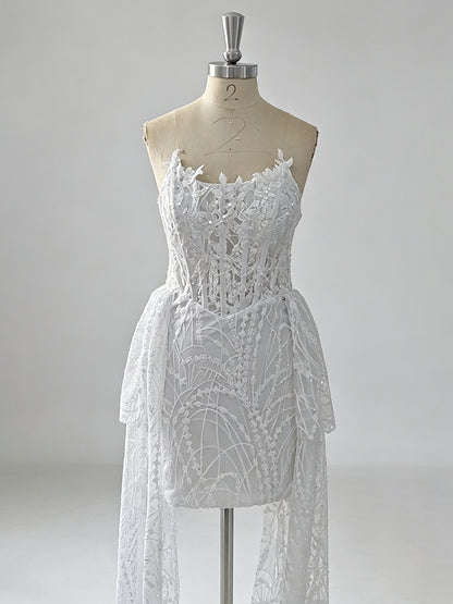 White Lace Bodycon Sweetheart Lace-Up Back High-Low Dress