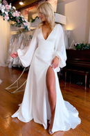 AABEI DRESS Exquisite Simple Wedding Dress V-Neck Long Sleeve Backless Long Wedding Dress Slit Charming Formal Dresses
