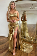 AABEI DRESS Prom Dress Strapless Metallic Ruched Mermaid Long Corset with Slit Charming Formal Dress
