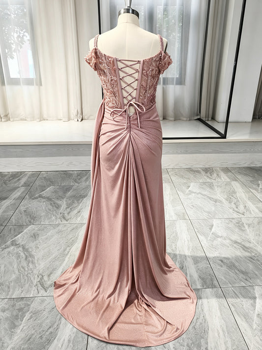 Blushing Pink Glitter Fabric Sheath/column Sweetheart Back Zip Floor-Length Dress