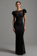 Charming Black Lace Mermaid Boat Neck V back Long Formal Dress with Ruffles Elegant Evening Dresses