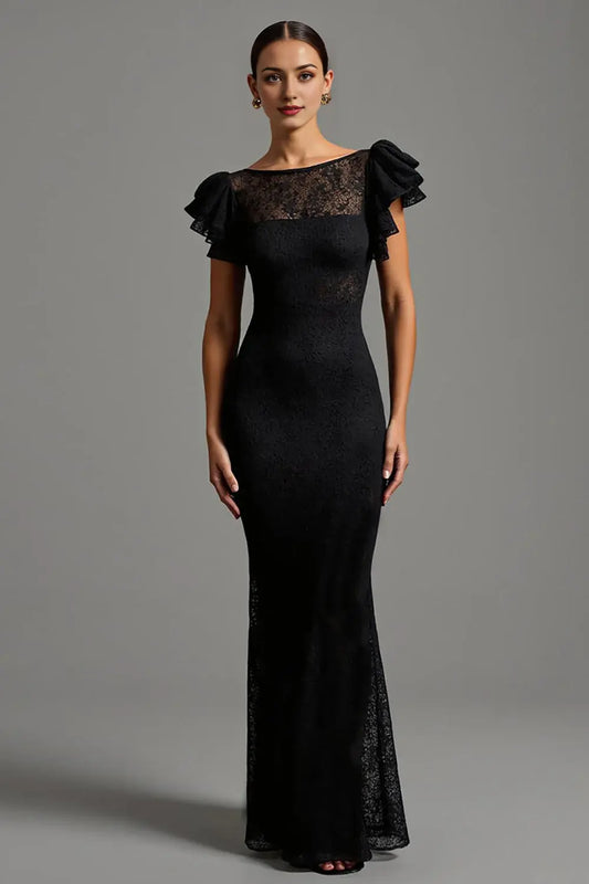 Charming Black Lace Mermaid Boat Neck V back Long Formal Dress with Ruffles Elegant Evening Dresses