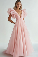 AABEI DRESS Hot Sale Prom Dress A Line Deep V Neck Romantic Chiffon Ruffles Long Fantastic Formal Dress