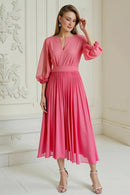 Elegant Hot Pink A Line V Neck 3/4 Long Sleeve Chiffon Pleated Dress Simple Wedding Guest Dress For Women Hot Sale Mother of the Bride Dress