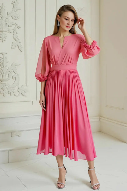 Elegant Hot Pink A Line V Neck 3/4 Long Sleeve Chiffon Pleated Dress Simple Wedding Guest Dress For Women Hot Sale Mother of the Bride Dress