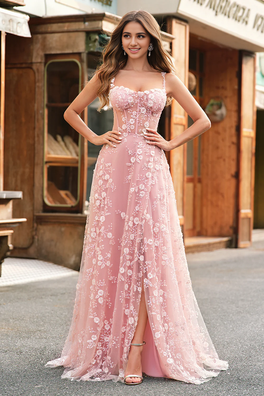 AABEI DRESS Hot Sale Prom Dress Exquisite A Line Spaghetti Straps Romantic Floral Corset Long With Slit Formal Dress