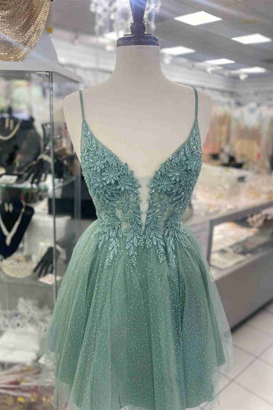 AABEI DRESS New Homecoming Dress A-Line Deep V-Neck Spaghetti Strap Appliques Sparkle Short Prom Dresse