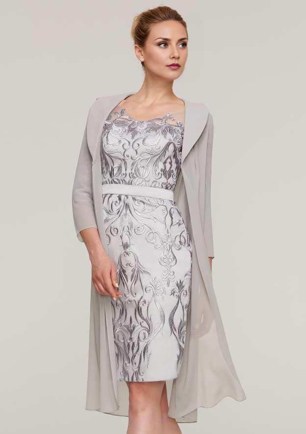 Vintage Wedding Guest Dresses Chiffon Sheath/Column V Neck 3/4 Sleeve Appliqued Waistband With Jacket Two-Piece Knee-Length Bargain Mother of the Bride Dress
