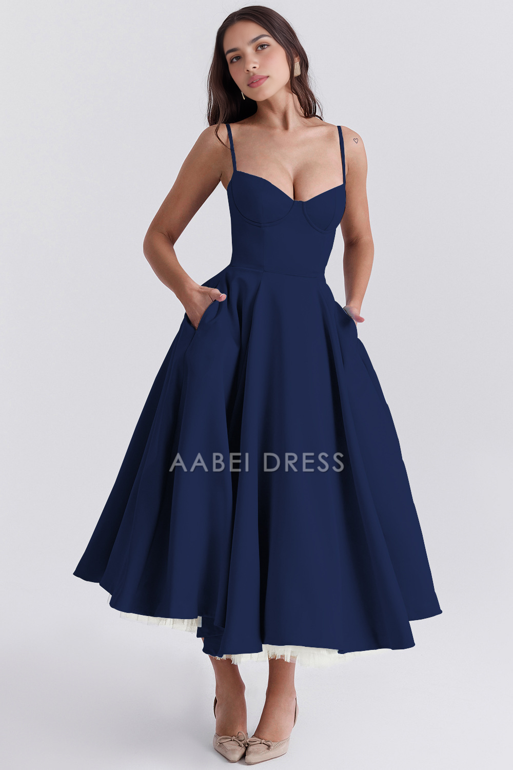 AABEI DRESS Elegant Strap Princess Dresses Sexy Low Cut Backless Double Layer Hem Party Dress