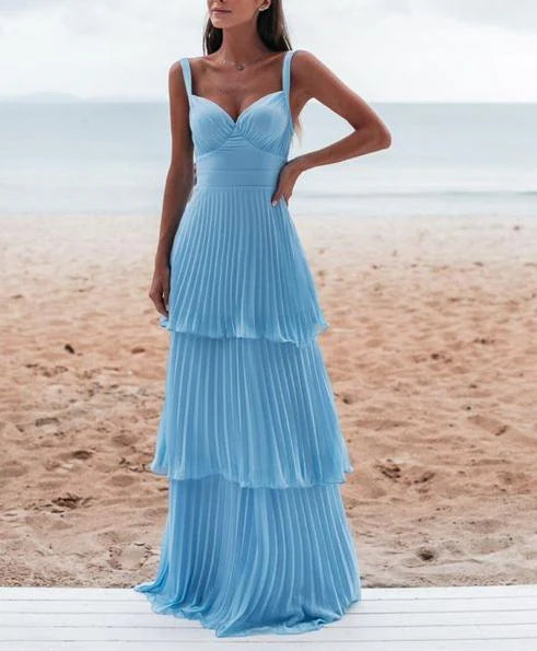 AABEI DRESS Prom Dress A Line Chiffon Sleeveless Mid Waist Pleated Layering Fashion Dress
