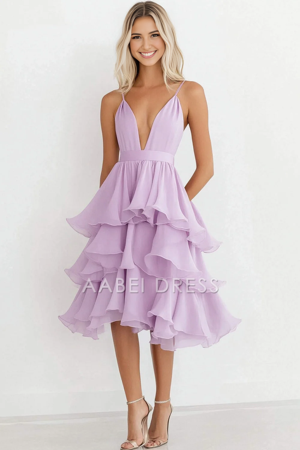 AABEI DRESS Hot Sale Prom Dress Deep V-Neck Chiffon Tiers Knee-Length Fashion With Ruffles Formal Dress