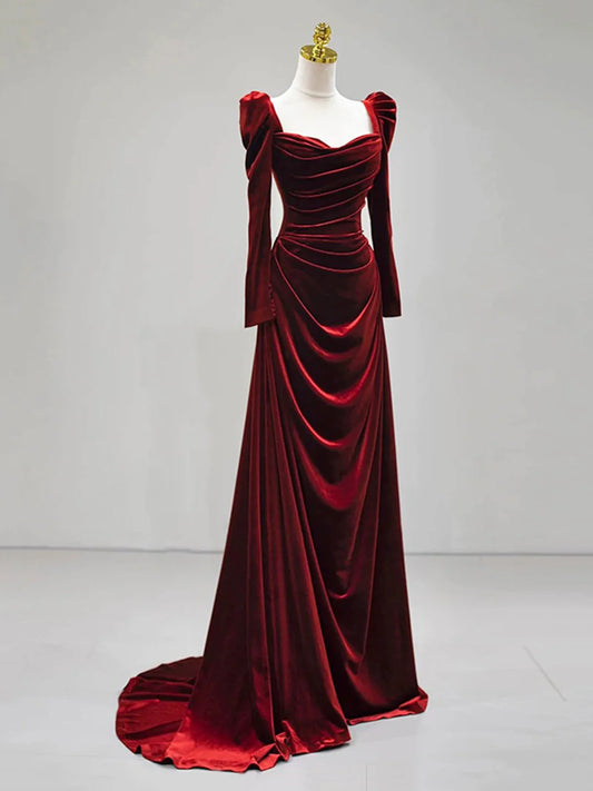 Autumn Winter Velvet Elegant Dress Long Sleeve Pleats Square Neck Gorgeous Evening Dress