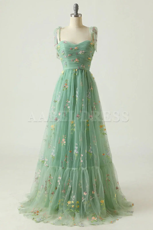Prom Dress Tulle A Line Spaghetti Straps Floral Long Embroidery Lace High Quality Formal Wear Dresses